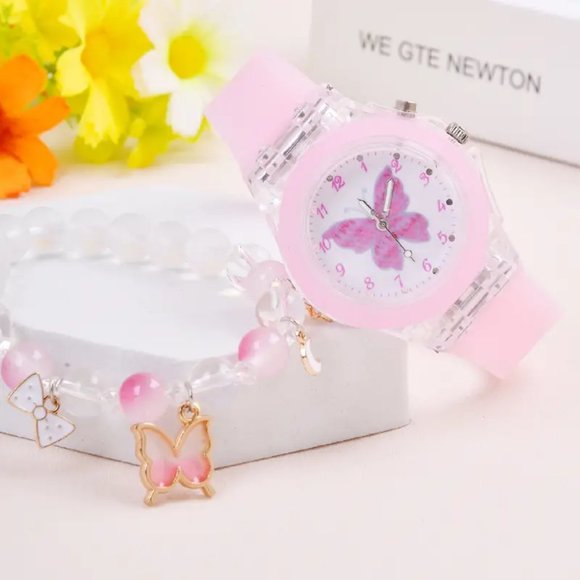 Creative Trendy Cute Cartoon Butterfly LED Quartz Watch & Beaded Bracelet - Picture 3 of 5